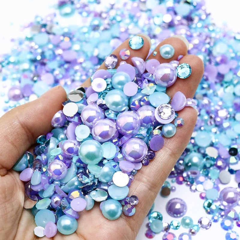 Towenm 60g Flatback Pearls and Rhinestone Mix, 2mm-10mm Mixed Size Flatback Rhinestones and Pearls for Crafts Tumblers Shoes Nails Face Art, Purples|Aquamarine - Image 2